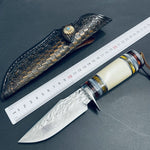 62 HRC Damascus Steel Fixed Blade Hunting Knife Bovine Bone Resin Handle With Leather Scabbard