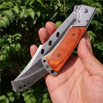 Tactical Folding Knife 8cr15mov Steel Blade Pocket Knives Wood Handle for Camping Hunting Survival Outdoor Activities Mens Gift