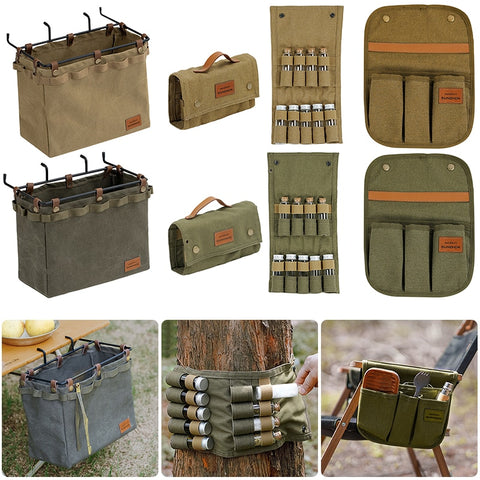 Camping Table Side Storage Bag, Multifunctional Folding Canvas Bag with Hook