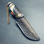 62 HRC Damascus Steel Fixed Blade Hunting Knife Bovine Bone Resin Handle With Leather Scabbard